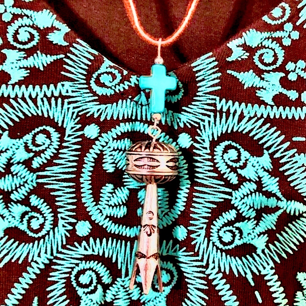 TURQUOISE CROSS SILVER SQUASH BLOSSOM LONG BROWN LEATHER NECKLACE TIE AS DESIRED - Picture 4 of 8